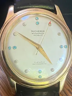 Vintage Bucherer Incablock 17K Gold Mens Diamond 17 Jewels Wrist Watch Rolex