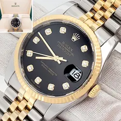 ROLEX DATEJUST 36MM FACTORY BLACK DIAMOND YELLOW GOLD/STEEL JUBILEE WATCH 116233