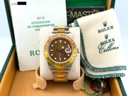 ROLEX GMT MASTER II 16713 ROOT BEER 18K YELLOW GOLD STAINLESS STEEL BOX PAPER