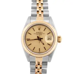 LADIES ROLEX DATEJUST 26MM CHAMPAGNE LINEN 18K GOLD STAINLESS JUBILEE 69173