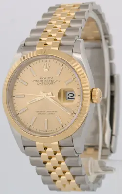 PAPERS Rolex DateJust 36mm CHAMPAGNE 18K Gold Steel Fluted JUBILEE 126233 BOX