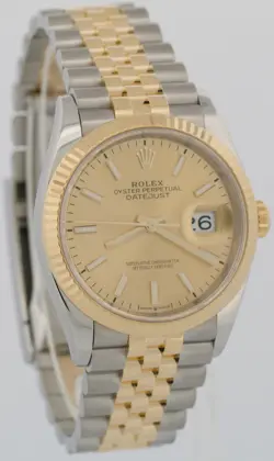 PAPERS Rolex DateJust 36mm CHAMPAGNE 18K Gold Steel Fluted JUBILEE 126233 BOX