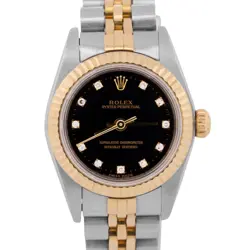 ROLEX OYSTER PERPETUAL 24MM BLACK DIAMOND 18K GOLD STEEL FLUTED JUBILEE 76193