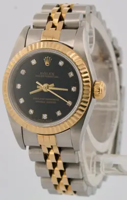 Rolex Oyster Perpetual 24mm BLACK DIAMOND 18K Gold Steel Fluted JUBILEE 76193