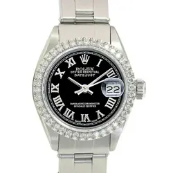 ROLEX WOMENS DATEJUST STAINLESS STEEL WATCH BLACK ROMAN DIAMOND BEZEL OYSTER