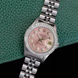 ROLEX DATEJUST LADIES STAINLESS STEEL ICE PINK DIAL DIAMOND BEZEL 0.90CTS WATCH
