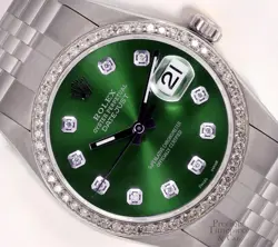 ROLEX DATEJUST 36MM STAINLESS STEEL WATCH, GREEN DIAMOND DIAL, DIAMOND BEZEL