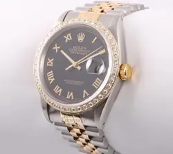 ROLEX DATEJUST 36MM 18K GOLD / STEEL, TWOTONE BLACK ROMAN DIAL, DIAMOND BEZEL
