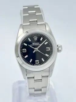 LADIES ROLEX OYSTER PERPETUAL 76080 24MM 3 6 9 ARBIC BLACK DIAL STEEL BOX