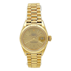 LADIES ROLEX 26MM PRESIDENTIAL 18K YELLOW GOLD WATCH W/GOLD DIAL & FLUTED BEZEL.