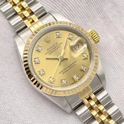 ROLEX DATEJUST 26MM 69173 FACTORY DIAMOND CHAMPAGNE DIAL FLUTED GOLD JUBILEE BOX