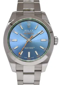 ROLEX MILGAUSS STEEL BLUE DIAL GREEN CRYSTAL MENS 40MM WATCH +12 116400