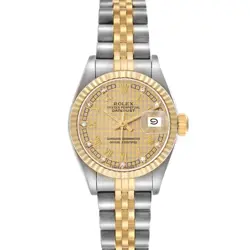ROLEX DATEJUST STEEL YELLOW GOLD HOUNDSTOOTH DIAL LADIES WATCH 69173 BOX PAPERS