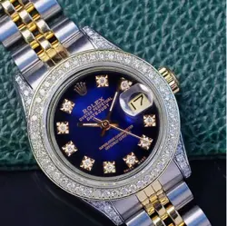 ROLEX DATEJUST WOMENS TWOTONE WATCH BLUE VIGNETTE DIAMOND DIAL BEZEL LUGS 26MM