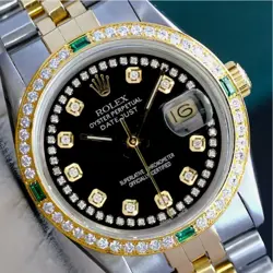 ROLEX DATEJUST MENS 18K YELLOW GOLD STAINLESS STEEL BLACK DIAMOND EMERALD WATCH