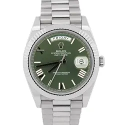 PAPERS ROLEX DAY-DATE PRESIDENT OLIVE GREEN ROMAN 18K WHITE GOLD 40MM 228239 BOX