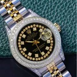 ROLEX DATEJUST WOMENS TWOTONE GOLD SS WATCH BLACK STRING DIAMOND DIAL BEZEL LUGS