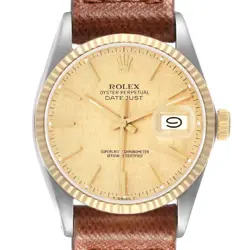 ROLEX DATEJUST STEEL YELLOW GOLD VINTAGE LINEN DIAL MENS WATCH 16013
