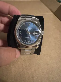 ROLEX DATEJUST BLUE ROMAN OYSTER 18K GOLD 36MM 116234 WATCH VERY GOOD CONT
