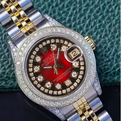 ROLEX DATEJUST LADIES TWO-TONE GOLD STEEL RED VIGNETTE DIAMOND 1.60CTS WATCH