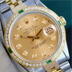 ROLEX DATEJUST MENS TWOTONE 18KY STAINLESS STEEL CHAMPAGNE DIAMOND EMERALD WATCH