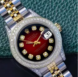 ROLEX DATEJUST WOMENS TWOTONE WATCH RED VIGNETTE DIAMOND DIAL BEZEL LUGS 26MM