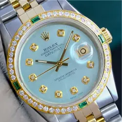 ROLEX DATEJUST MENS TWO-TONE 18KY STAINLESS STEEL ICE BLUE DIAMOND EMERALD WATCH