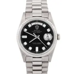 ROLEX DAY-DATE PRESIDENT BLACK DIAMOND 18K WHITE GOLD SILVER 36MM WATCH 18239