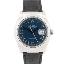 ROLEX DATEJUST BLUE ROMAN 18K WHITE GOLD FLUTED 36MM BLACK LEATHER 116139 WATCH
