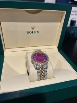 ROLEX DATEJUST RED MOTHER OF PEARL DIAL ICED OUT LOADED GENUINE DIAMONDS 36MM