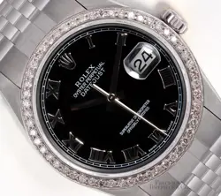 ROLEX DATEJUST 36MM STAINLESS STEEL JUBILEE BAND DIAMOND BEZEL BLACK ROMAN DIAL