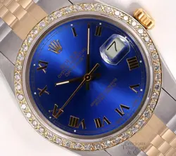 ROLEX DATEJUST 36MM TWO TONE JUBILEE 18K BAND DIAMOND BEZEL BLUE ROMAN DIAL
