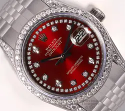 ROLEX DATEJUST 36MM STAINLESS STEEL RED DIAL STRING DIAMOND BEZEL DIAMOND LUGS