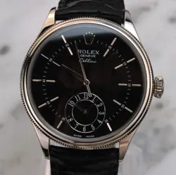 ROLEX CELLINI DUAL TIME GUILLOCHE BLACK DIAL WHITE GOLD SWISS-MADE MENS WATCH