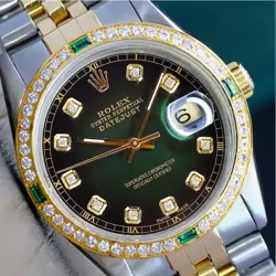ROLEX DATEJUST MENS TWO-TONE 18KY STEEL GREEN VIGNETTE DIAMOND EMERALD WATCH