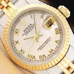ROLEX LADIES DATEJUST 69173 MOTHER OF PEARL ROMAN DIAL 18K GOLD STEEL WATCH