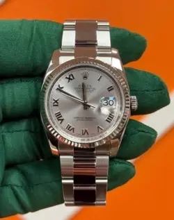 ROLEX DATEJUST 36 SILVER DIAL OYSTER BRACELET WHITE GOLD FLUTED BEZEL - 116234