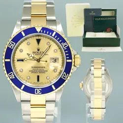 MINT 2008 ROLEX GOLD BUCKLE ROLEX SUBMARINER 16613 TWO TONE BLUE SERTI DIAMOND
