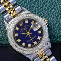 Rolex Datejust Ladies Two-Tone Gold SS Metal Watch Blue Diamond Dial Bezel Lugs