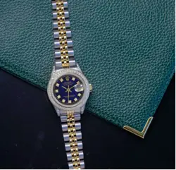 Rolex Datejust Ladies Two-Tone Gold SS Metal Watch Blue Diamond Dial Bezel Lugs