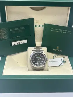 ROLEX AIR-KING 116900 OYSTER BRACELET WITH SILVER BEZEL BOX & PAPERS BLACK DIAL