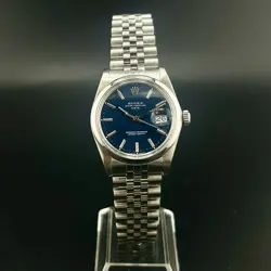 ROLEX DATE UNISEX WATCH BLUE INDEX DIAL SMOOTH BEZEL JUBILEE BAND 35MM
