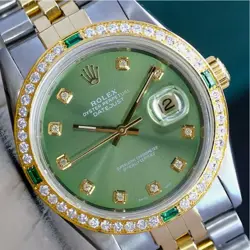 ROLEX DATEJUST MENS TWO-TONE 18KY STEEL LIGHT GREEN DIAMOND EMERALD WATCH 36MM