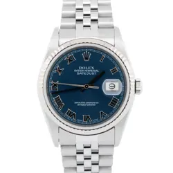 PAPERS ROLEX DATEJUST BLUE ROMAN 36MM STAINLESS WHITE GOLD WATCH 16234 BOX