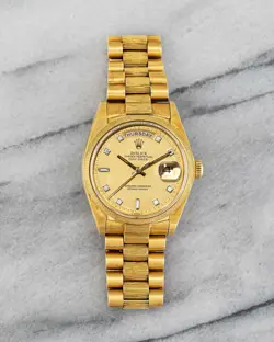 VINTAGE ROLEX DAY DATE REF 18078 1980S LEMON DIAMOND DIAL 36MM 18K GOLD BARK