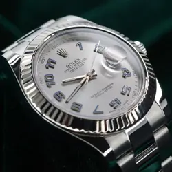ROLEX DATEJUST II SILVER ARABIC FLUTED BEZEL OYSTER STEEL MINT FULL SET 116334