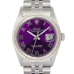 ROLEX DATEJUST 16234 S/ STEEL 36MM WATCH PURPLE ROMAN DIAL 18K GOLD FLUTED BEZEL