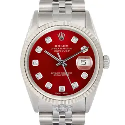 ROLEX MEN DATEJUST 16234 STEEL 36MM WATCH RED DIAMOND DIAL 18K GOLD FLUTED BEZEL