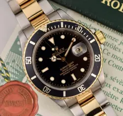 ROLEX SUBMARINER DATE 40MM 16613 YELLOW GOLD/STEEL BLACK DIAL WATCH BOX PAPERS