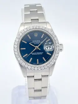 ROLEX DATEJUST LADIES 26MM 69160 BLUE DIAL DIAMOND BEZEL BATON OYSTER BOX